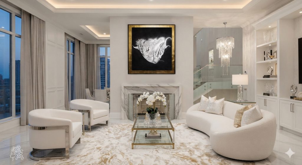 Luxury living room project featuring the *Breath of the Earth.* painting.