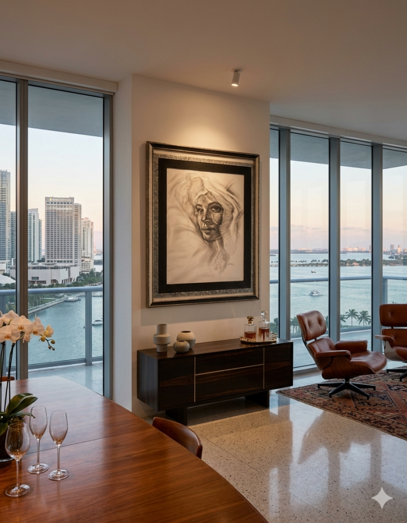 Luxury home space project in Miami featuring a painting from the *Crisálidas* series.
