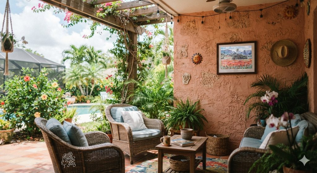 Tropical outdoor patio project featuring a painting of Viñales.