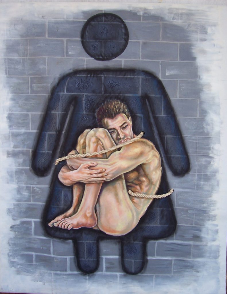 Oedipal bond. Oil, sand, and rope on canvas, 38.18 in x 51.18 in. Available.