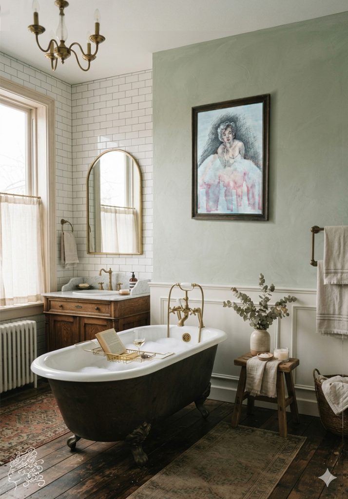 Vintage bathroom project featuring a Marilyn Monroe print.