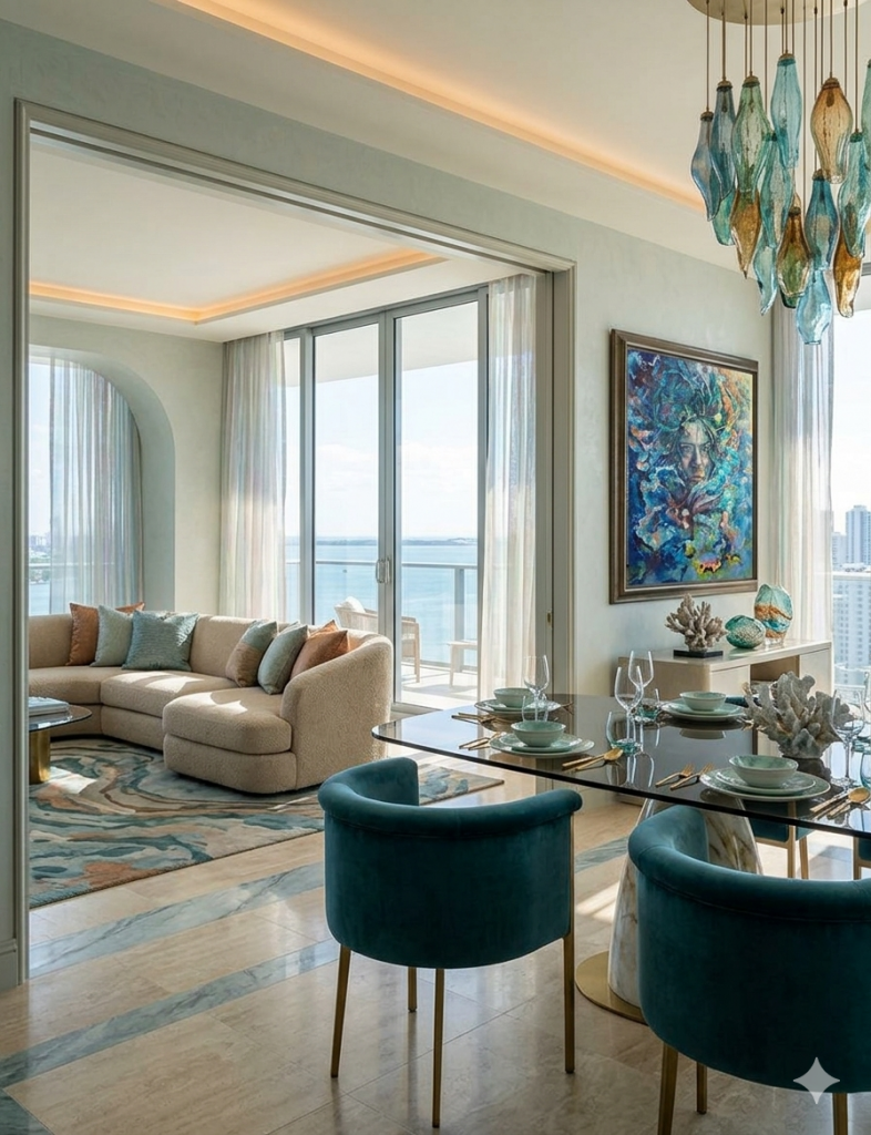 Living room decoration project for a Miami mansion featuring a painting by Crisálida.