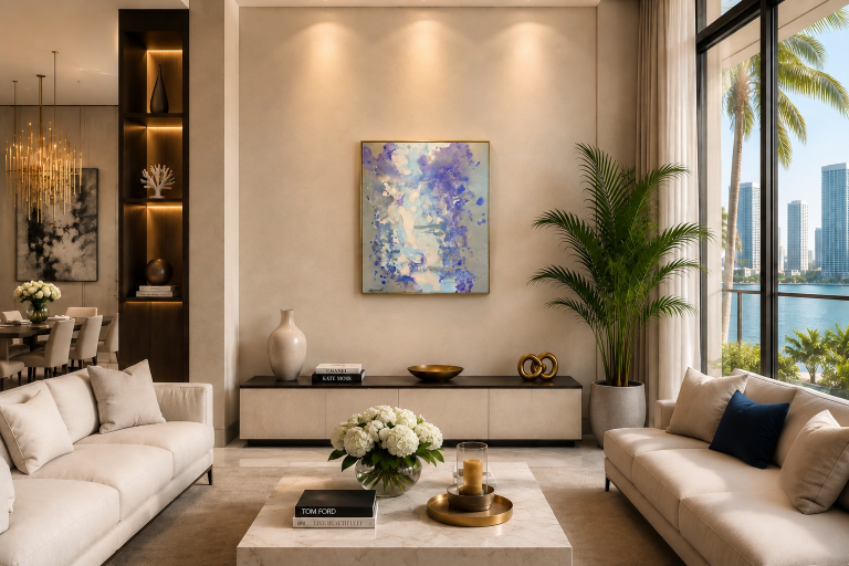 Project for a luxurious living room in Miami featuring an original, full-scale painting titled *Agua*.
