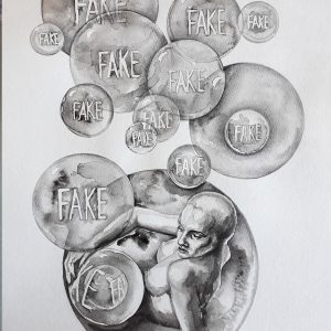 Fake of Fake.12 in x 18 in.Watercolor on Cardstock.Available.