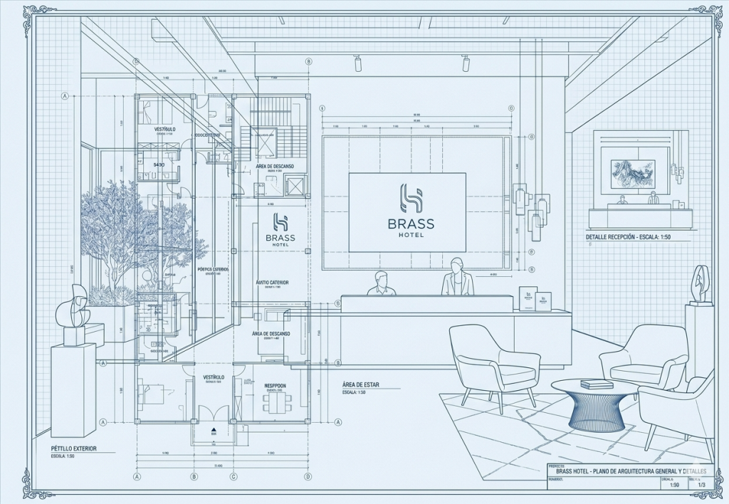 Architectural plan of a spacious hotel lobby featuring original artwork.