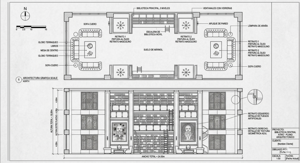Architectural plan of a vintage library featuring "Jungle I" and "Jungle II" artworks. Side view.