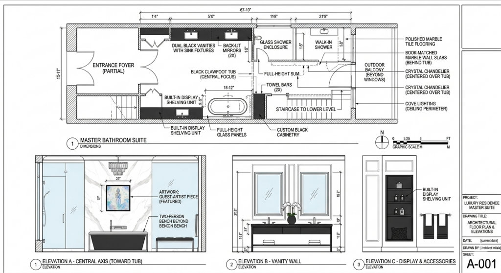 Architectural plan for a blue spa-style bathroom featuring a "Nymph" painting as decoration.