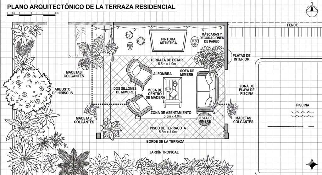 Architectural plan for the integration of the *Jungla I* artwork project into a luxury covered courtyard and a tropical terrace.