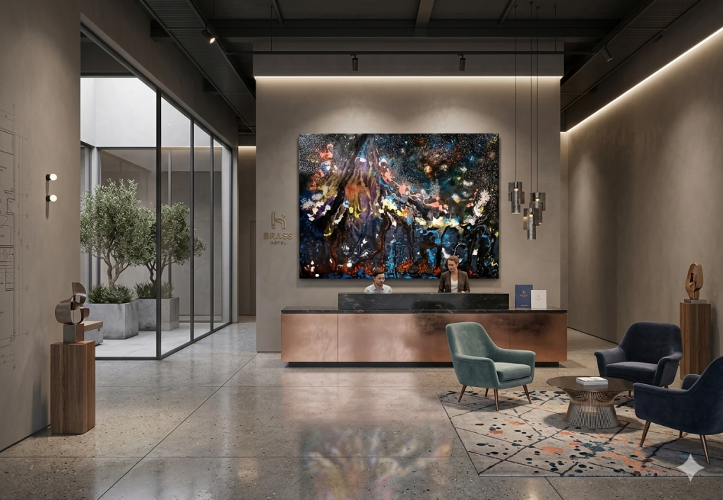 Spacious hotel lobby project featuring the original painting *City Lights* as decor.