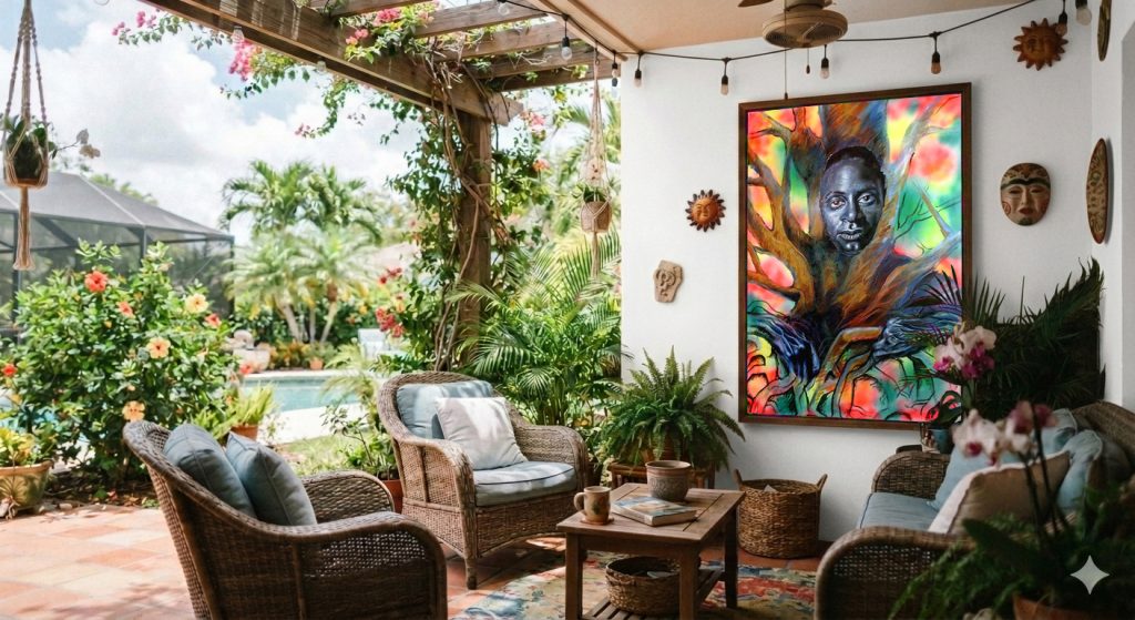Integration of the artwork *Jungla I* into a luxury covered patio and a tropical terrace.