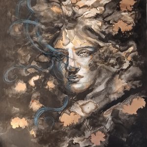 Arcangel de la Foresta.Tinta china y lápiz de color sobre cartulina.