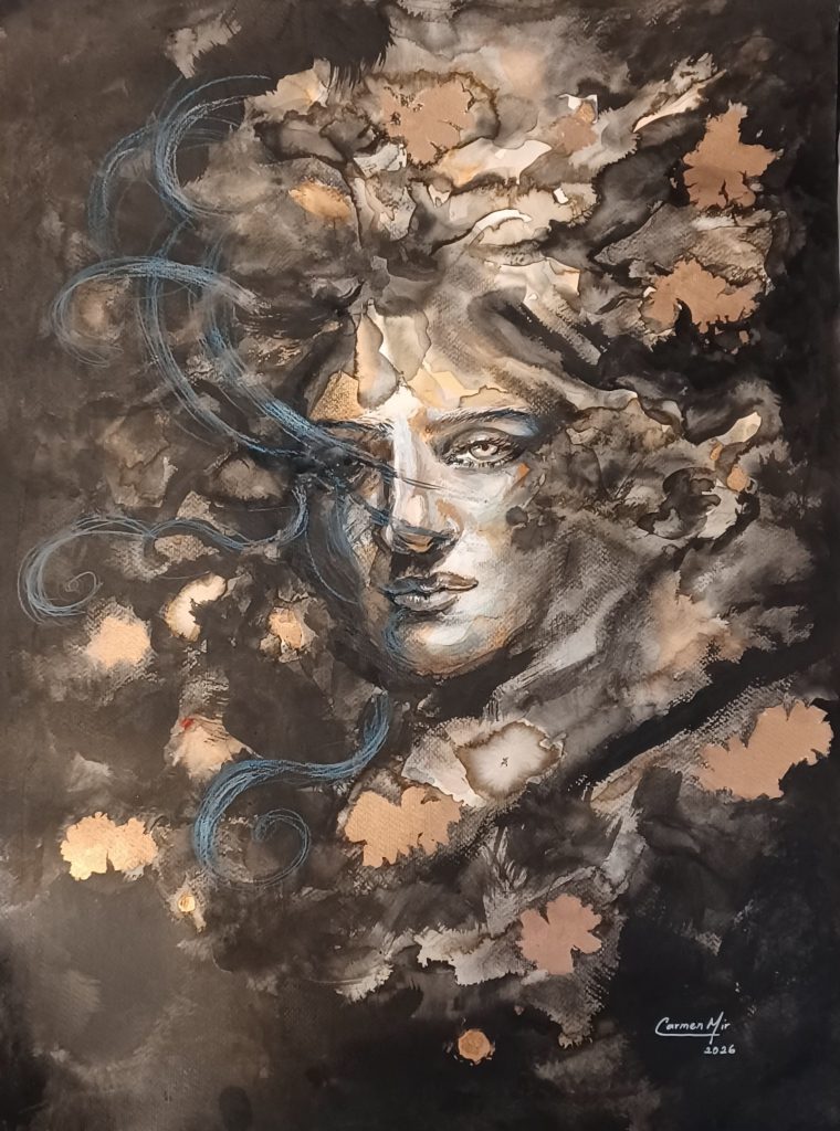 Arcangel de la Foresta.Tinta china y lápiz de color sobre cartulina.