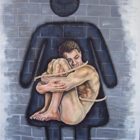 Oedipal bond. Oil, sand, and rope on canvas, 38.18 in x 51.18 in. Available.